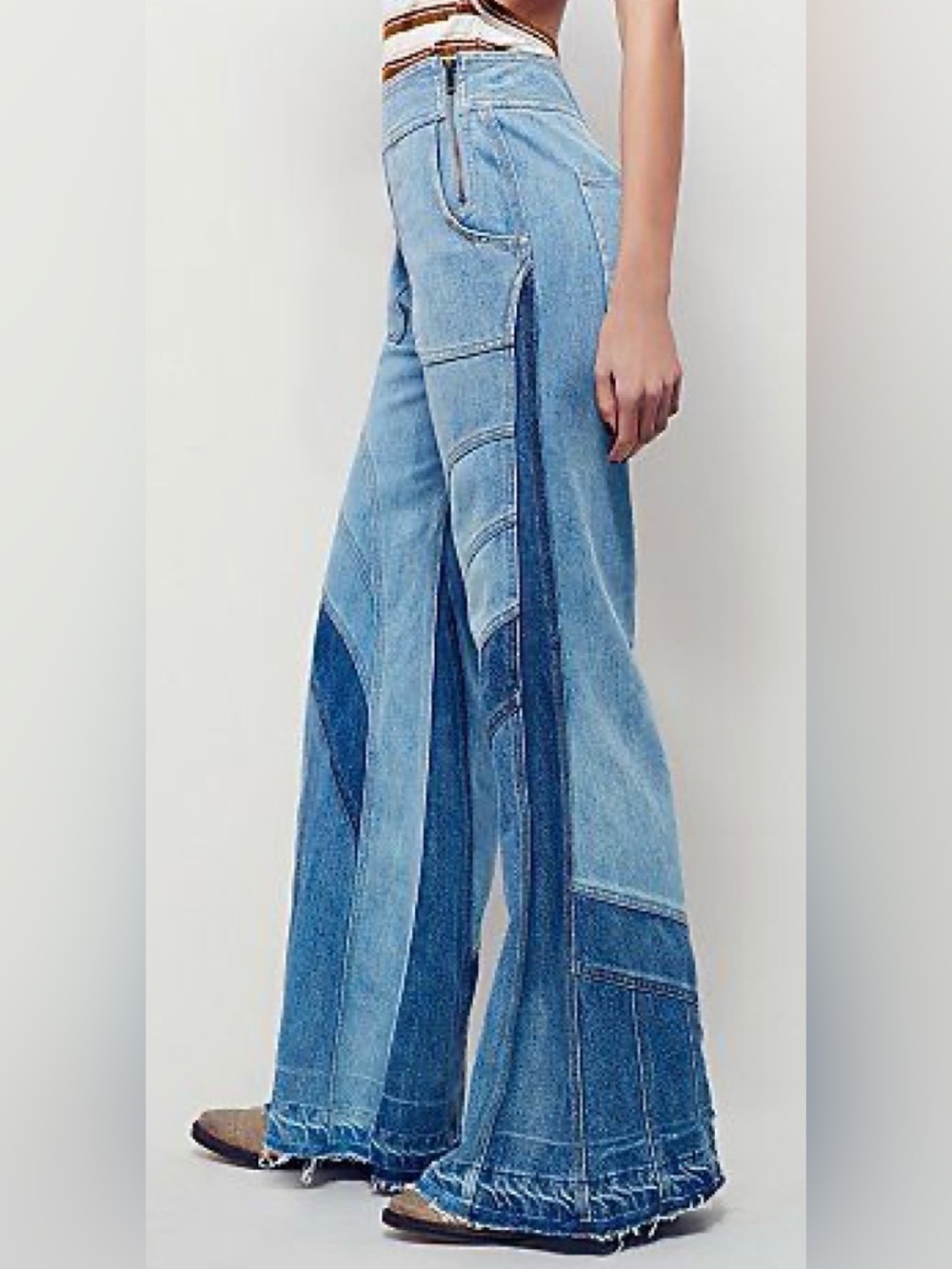 Free People Two-Tone Light & Medium Blue Patchwork Wide-Leg Jeans